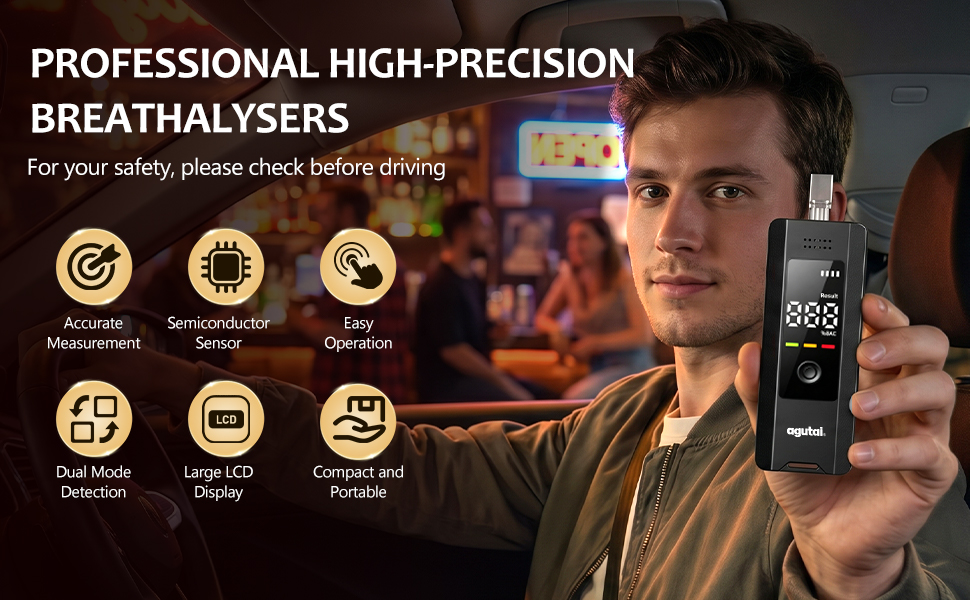 Text reads "PROFESSIONAL HIGH-PRECISION BREATHALYSERS" and "For your safety, please check before driving". Man holding digital breathalyzer device with eight feature icons: certified detection, portability, accuracy, large display, speed, portability, and durability visible.