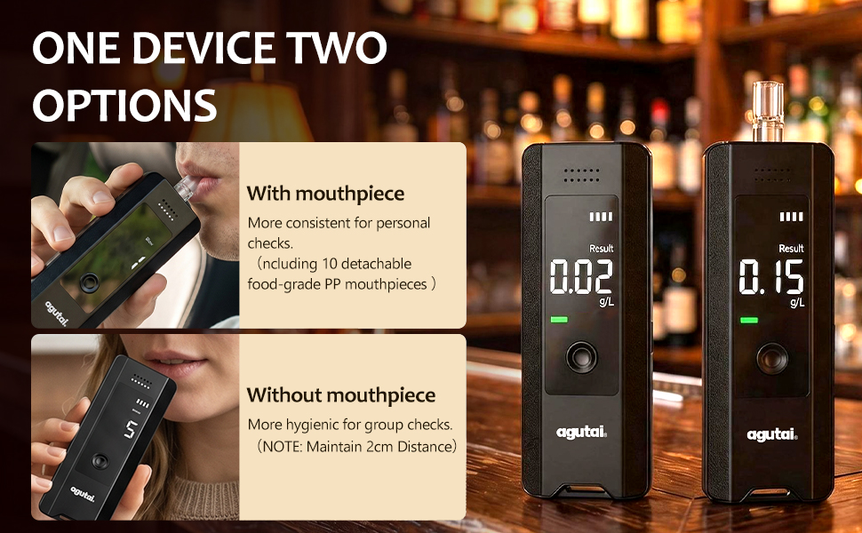 Text reads 'ONE DEVICE TWO OPTIONS'. Two black portable speakers shown with mouthpiece attachment in 'With mouthpiece' version and without in 'Without mouthpiece' version, against warm bokeh background.
