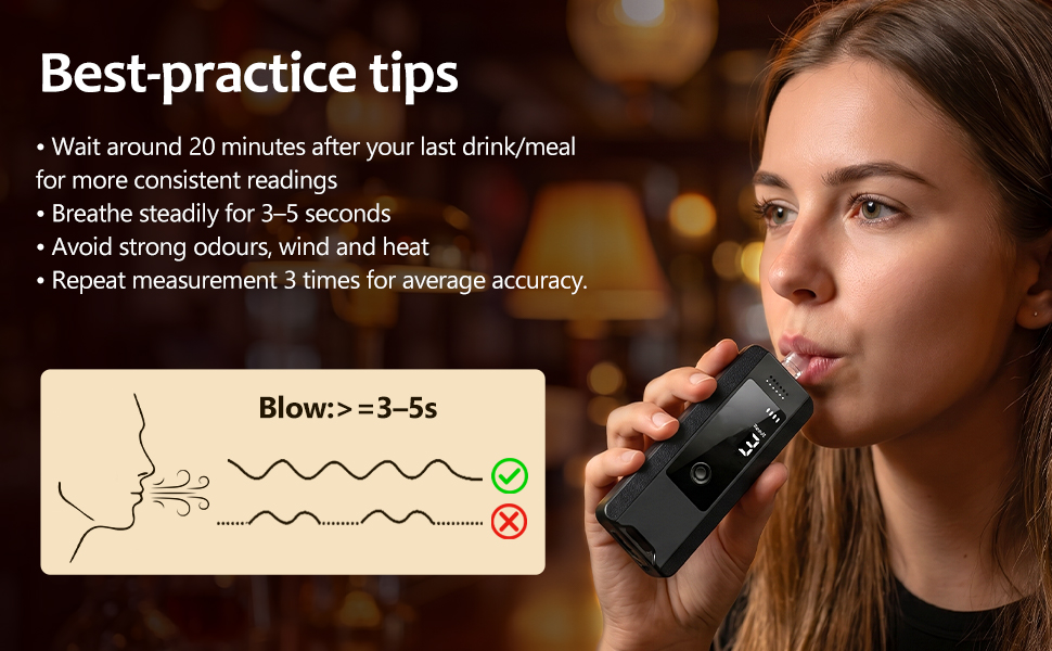 Text reads 'Best-practice tips', 'Wait around 20 minutes after your last drink/meal', 'For most consistent readings', 'Breathe steadily for 5 seconds', 'Avoid strong colours, tinted and heat', 'Place device on inner wrist for more accurate', and 'Blows=3-5s'. Woman using portable breath analyzer device with usage tips and breath pattern diagram.