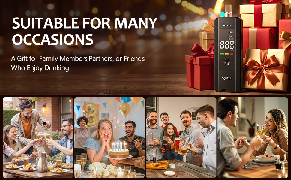 Text reads 'SUITABLE FOR MANY OCCASIONS' and 'A Gift for Family Moments or Friends Who Enjoy Drinking.' Black tower device shown with four lifestyle photos of people gathered in social settings around table and celebrations.